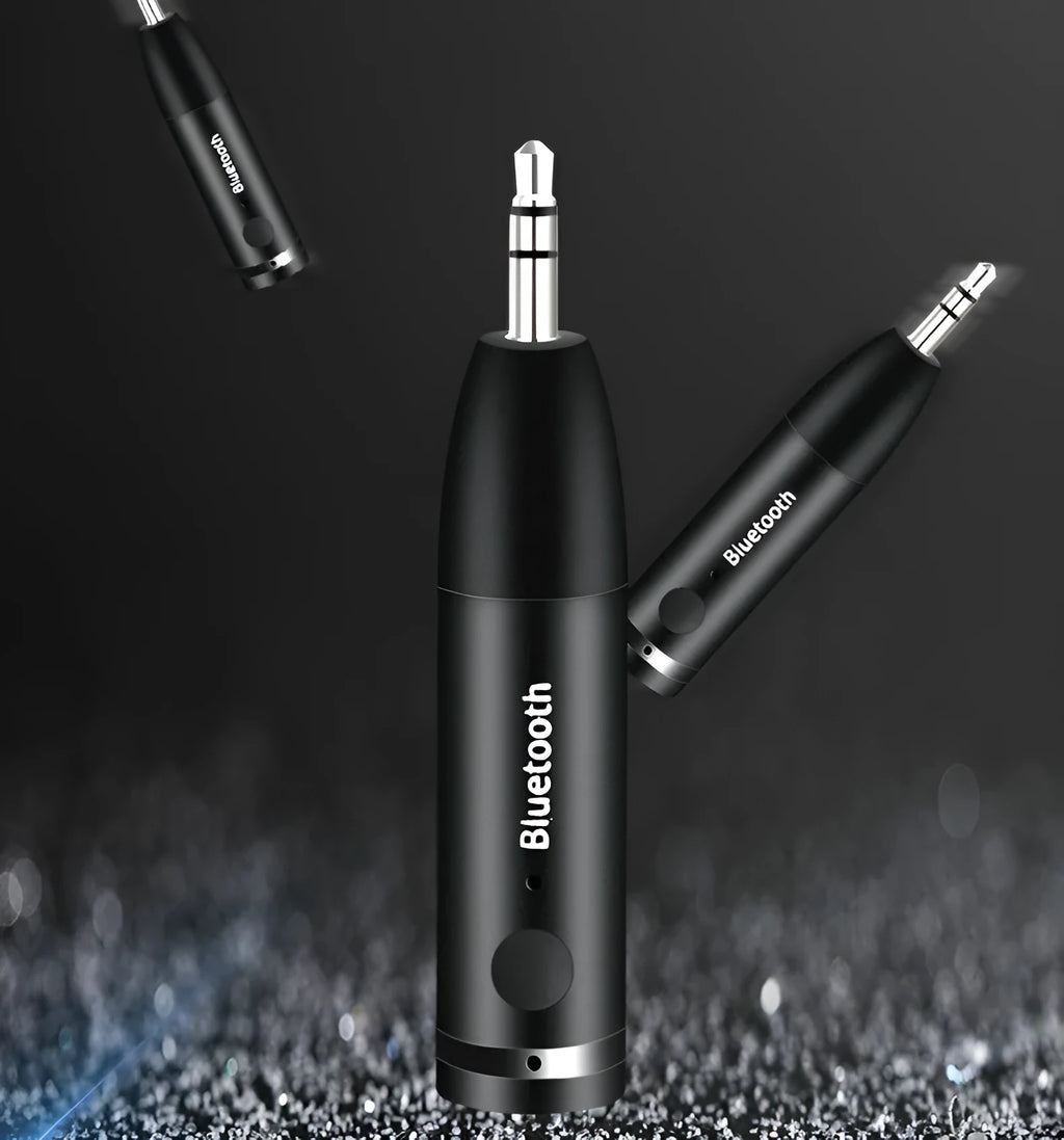 Black Bluetooth audio receiver for car AUX input with USB charging cable