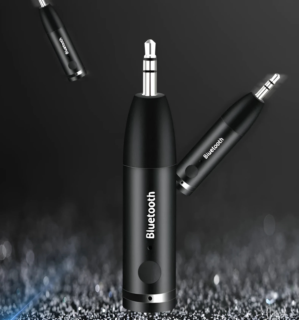 Black Bluetooth audio receiver for car AUX input with USB charging cable