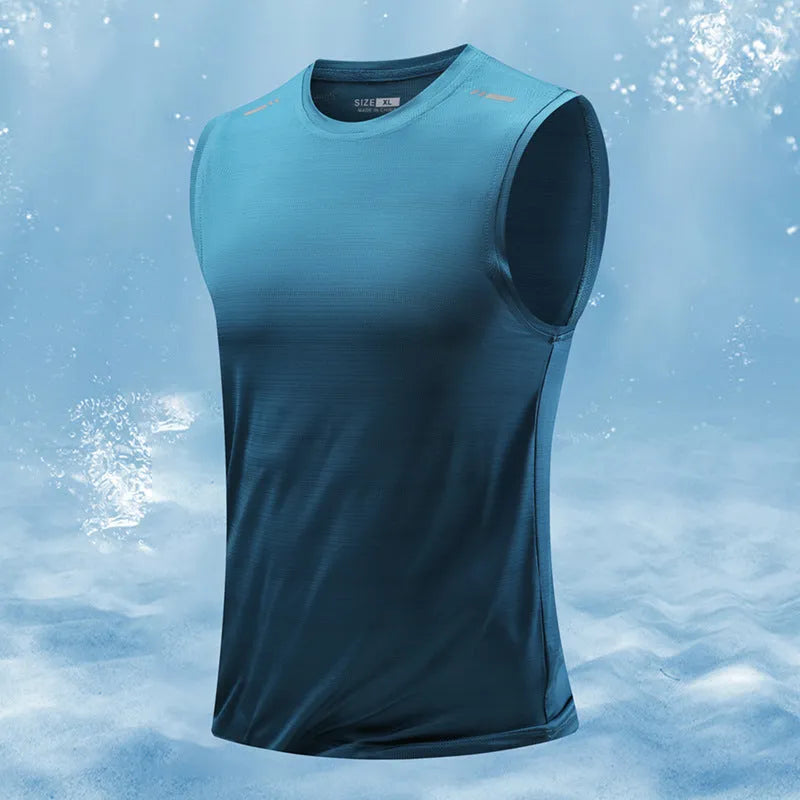 Men's loose fit sleeveless waistcoat vest in a bamboo polyester blend, shown in multiple colours.