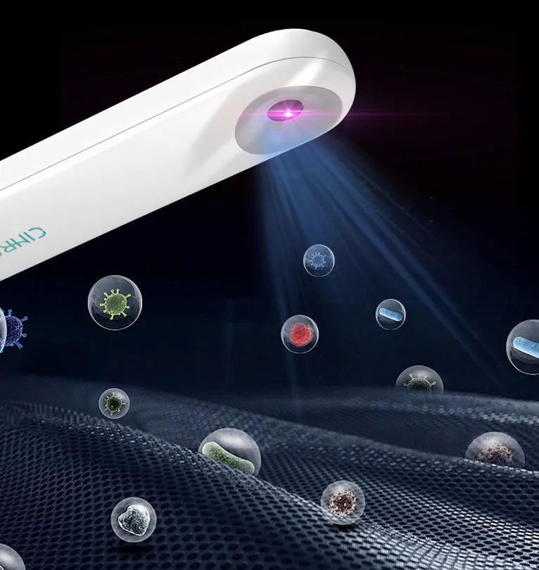 White portable ultraviolet sterilizer lamp showing compact dimensions with disinfection light angle indicator