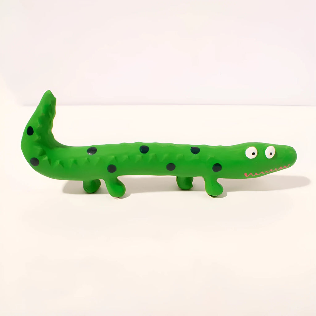 Green lizard-shaped dog chew toy with squeaker for aggressive chewers
