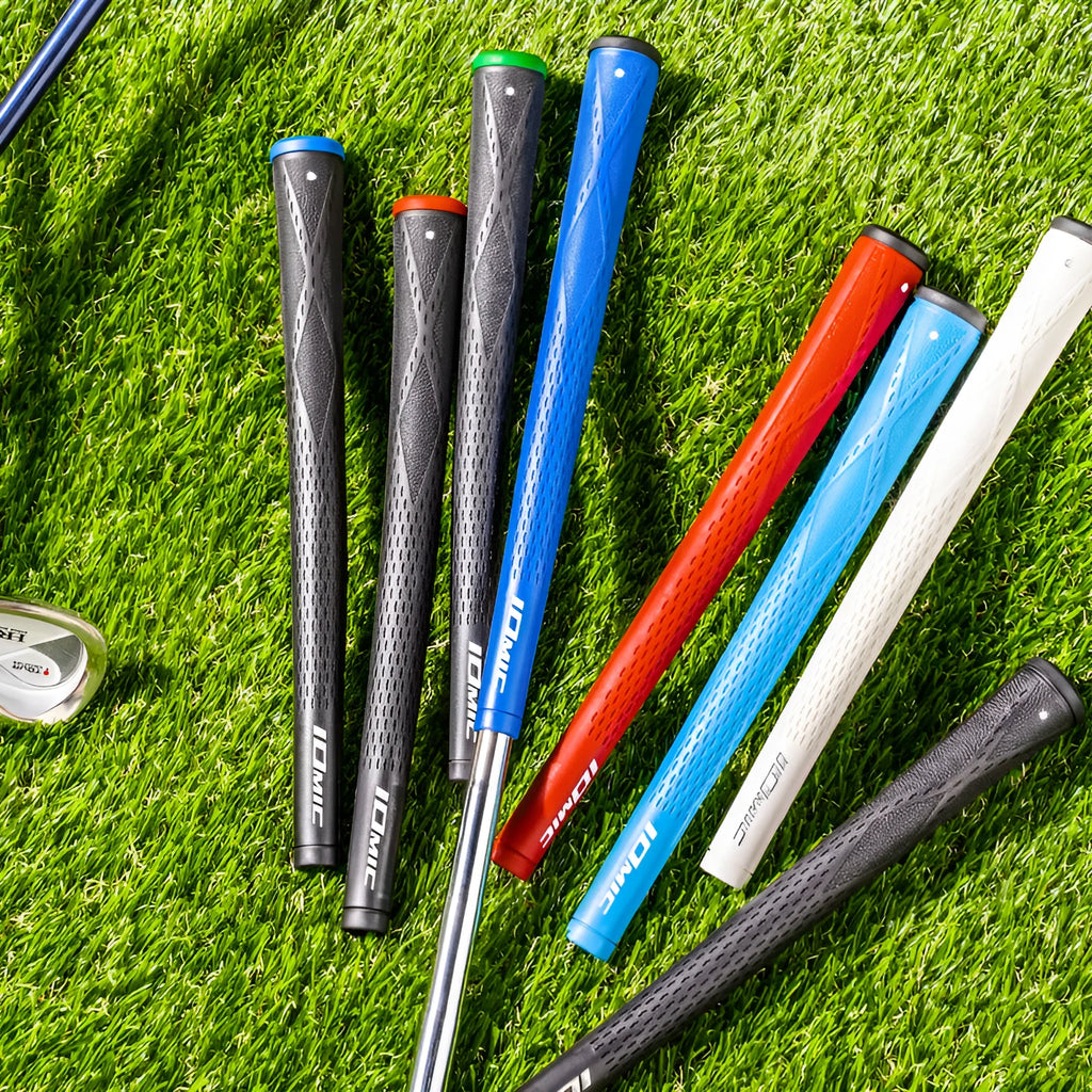 TPE material golf club replacement grip shown in multiple colour options including pink, red, blue, and two-tone designs.