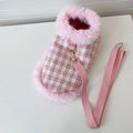 Pink polyester cat clothing set with cloak, beret and drawstring on small cat