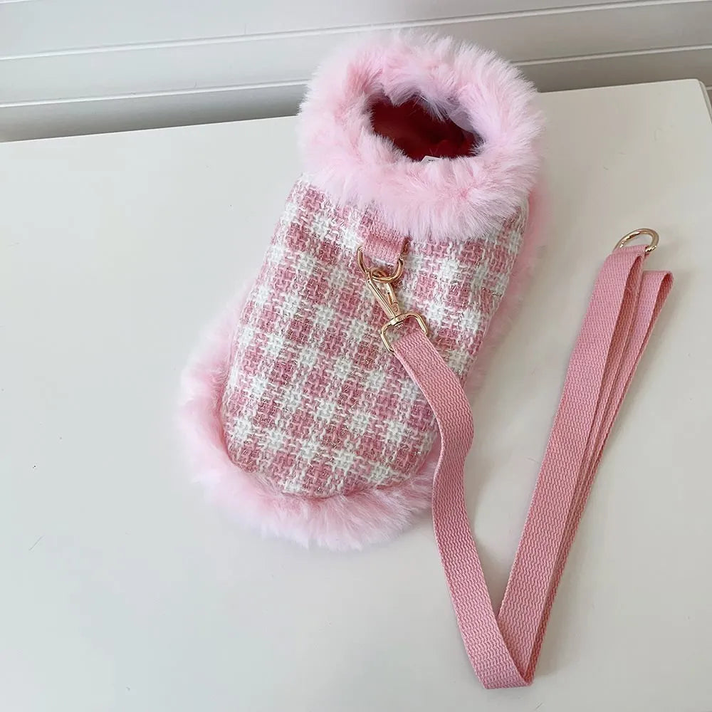 Pink polyester cat clothing set with cloak, beret and drawstring on small cat