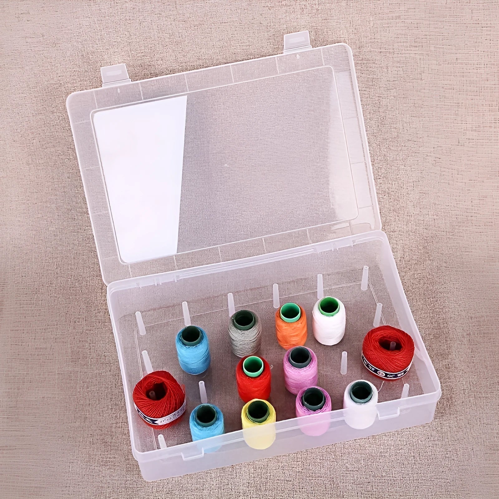 42 compartment plastic embroidery thread storage box organiser with dividers in transparent pink blue colours