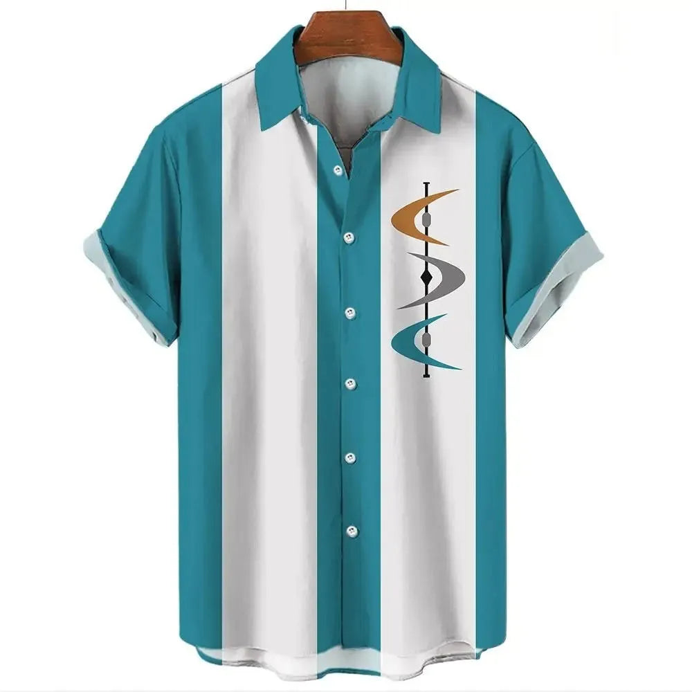Man wearing a blue and white stripe pattern Hawaiian shirt with short sleeves and button front.