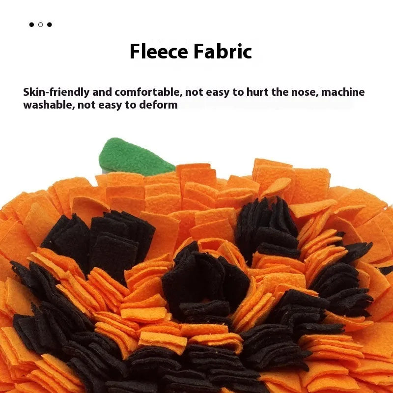 Orange pumpkin-shaped pet smell mat for slow feeding with polar fleece texture