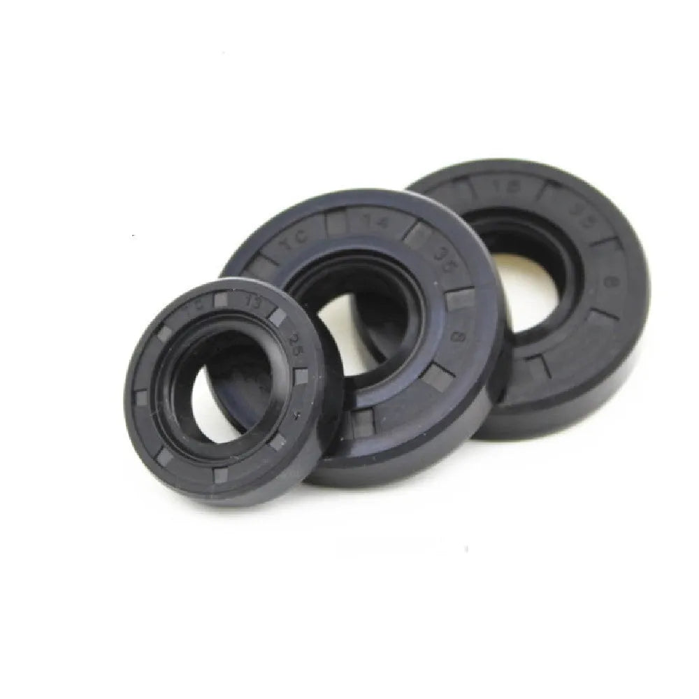 AG100 motorcycle engine oil seal kit with carbon steel frames and rubber sealing elements in multiple sizes