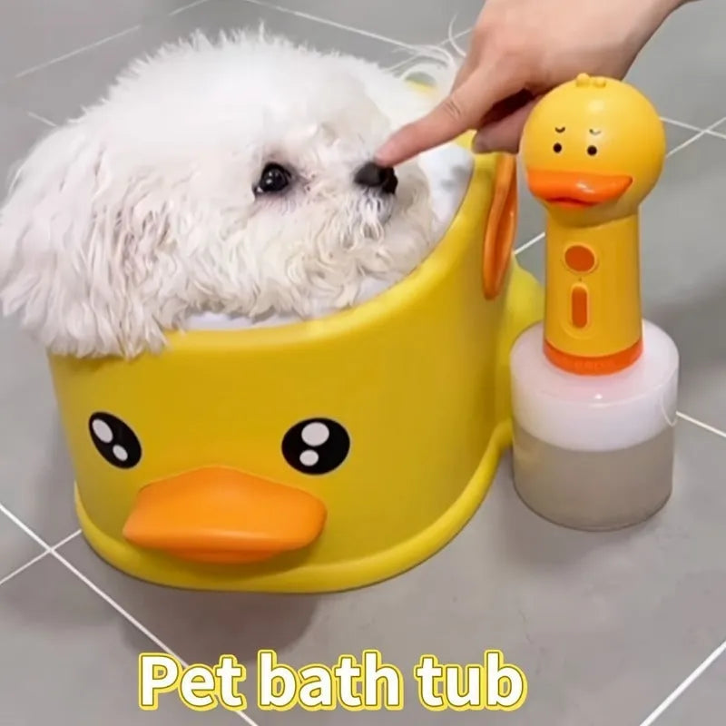 Blue PVC duck-shaped pet bathtub for washing dogs and cats on a plain background