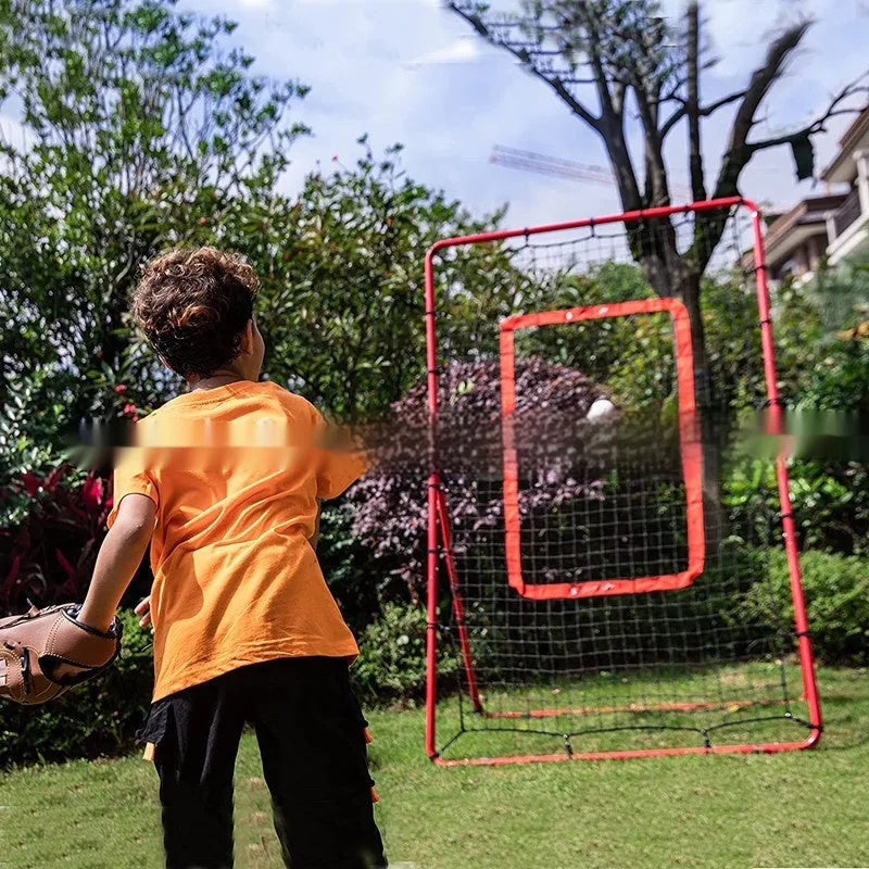 Red baseball training net with metal frame measuring 4x6 feet