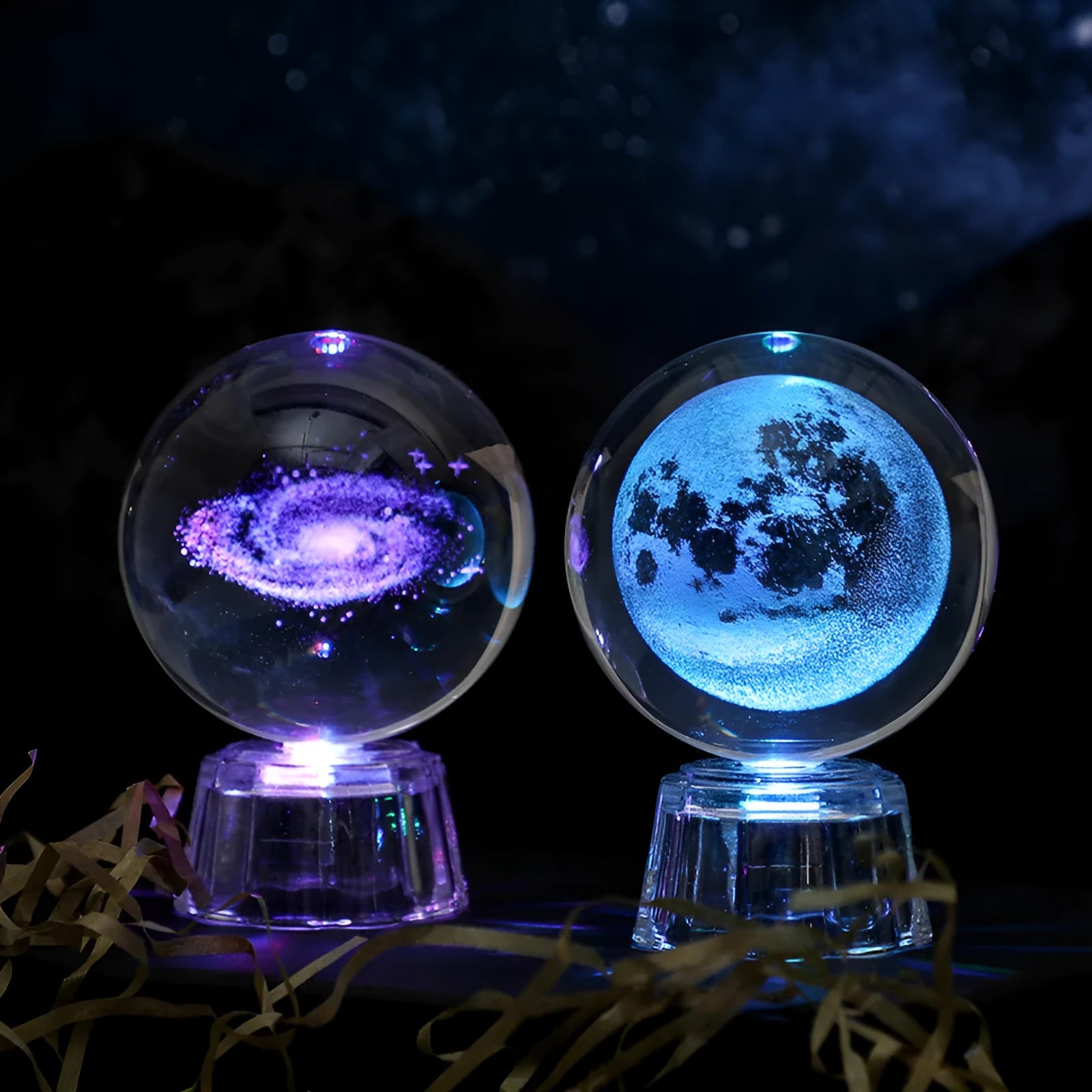 Transparent luminous crystal ball ornament with inner carving on fixed base