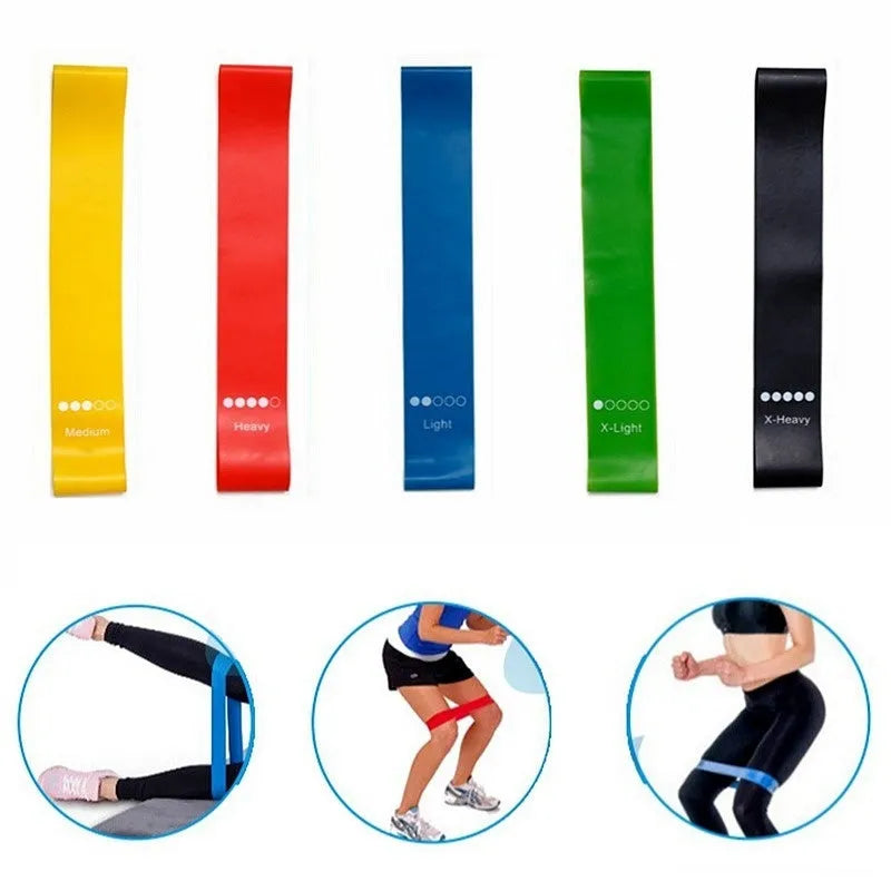 Set of five colour-coded yoga resistance straps with force marks and five plain TPE straps.