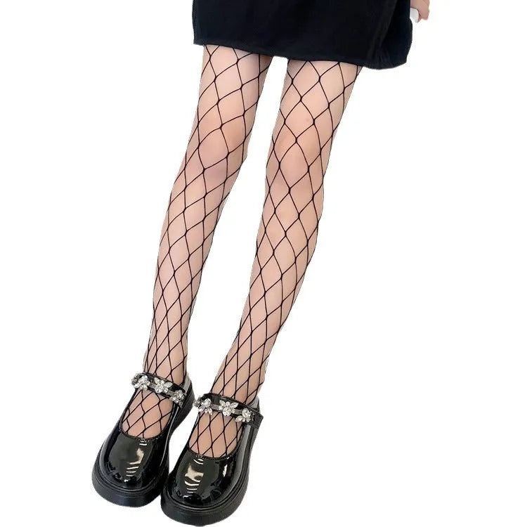 Women's thin mesh stockings in large, medium, and small net patterns in black and white.