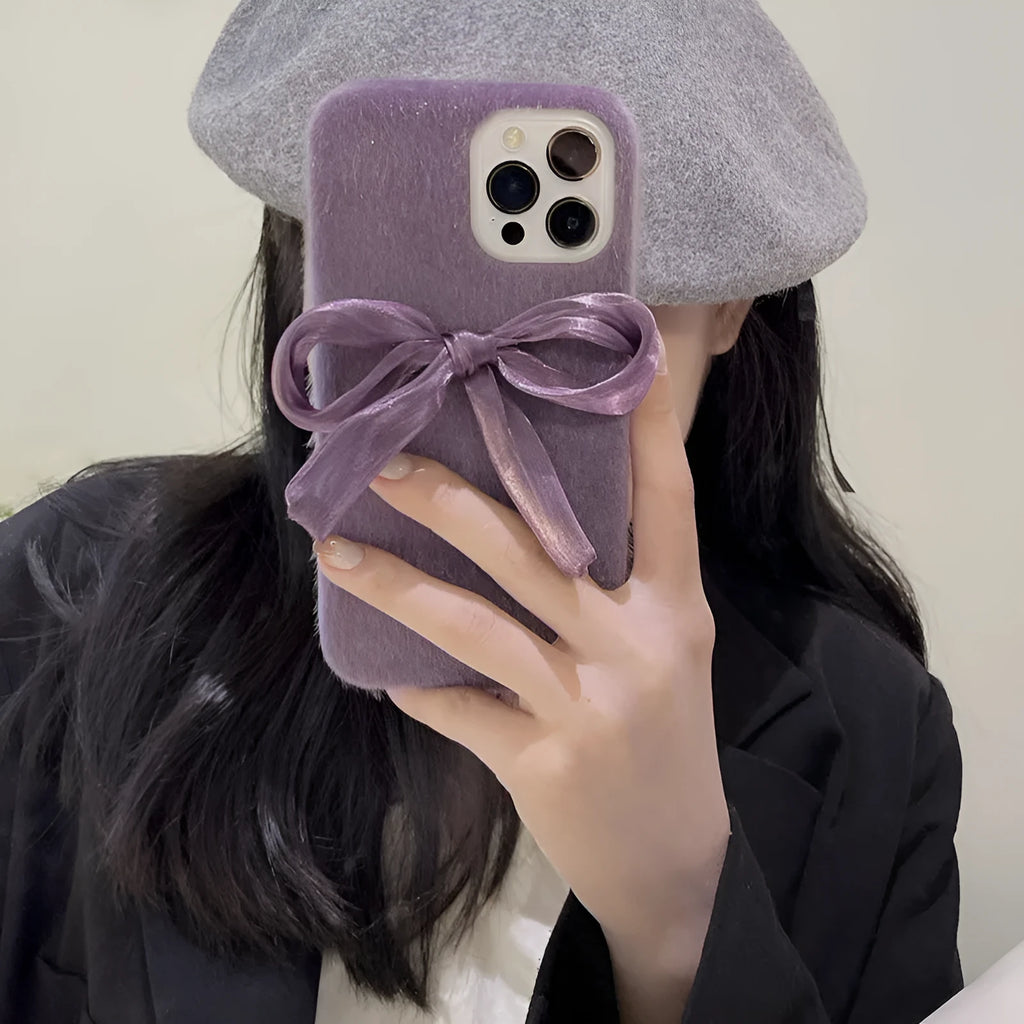 Purple Korean style silk bow plush phone case for iPhone, back cover with mink plush texture