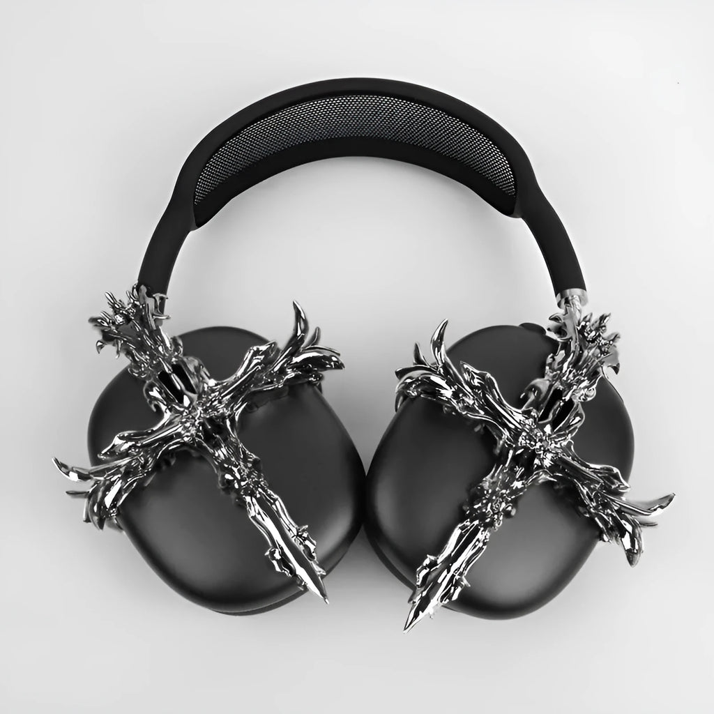 Gothic cross design hard resin cover for Apple AirPods Max headphones in gunmetal colour.