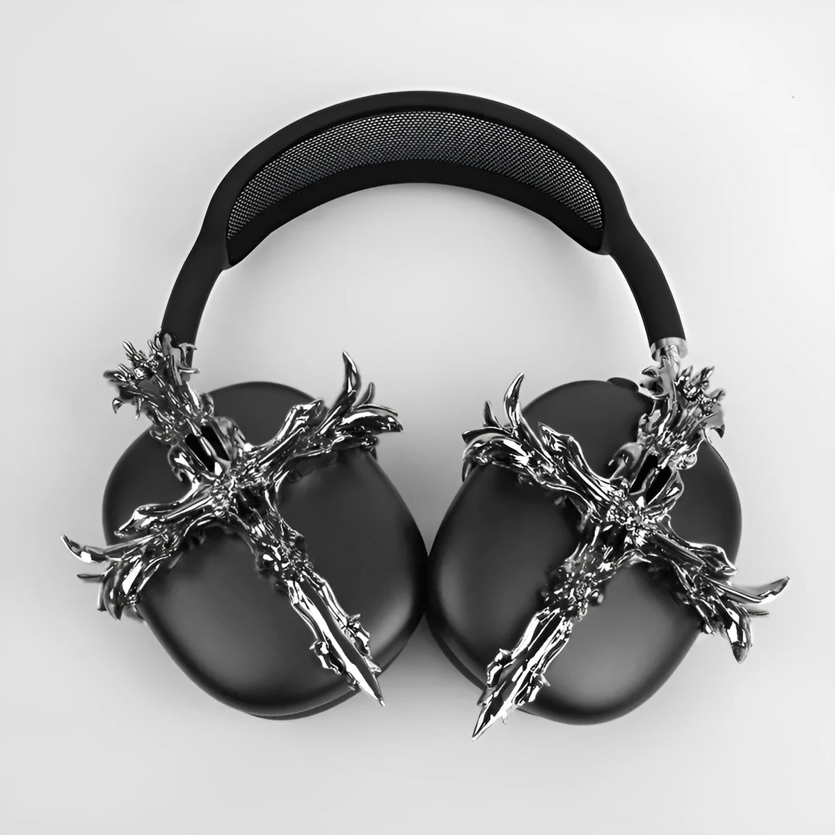 Gothic cross design hard resin cover for Apple AirPods Max headphones in gunmetal colour.