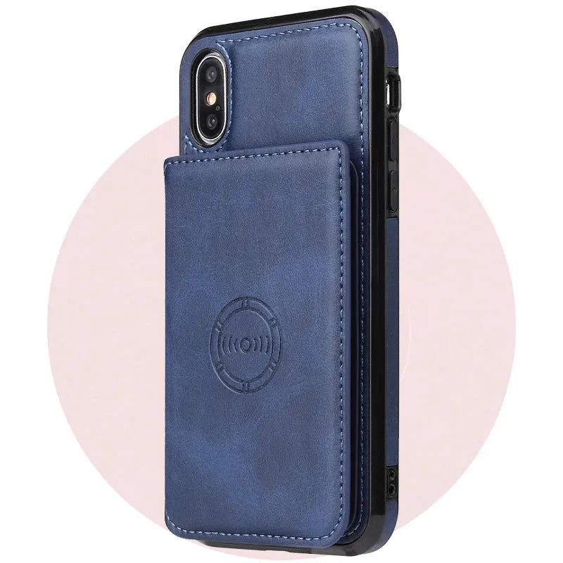 Imitation leather card wallet phone case for iPhone in multiple colour options showing card storage and back cover design
