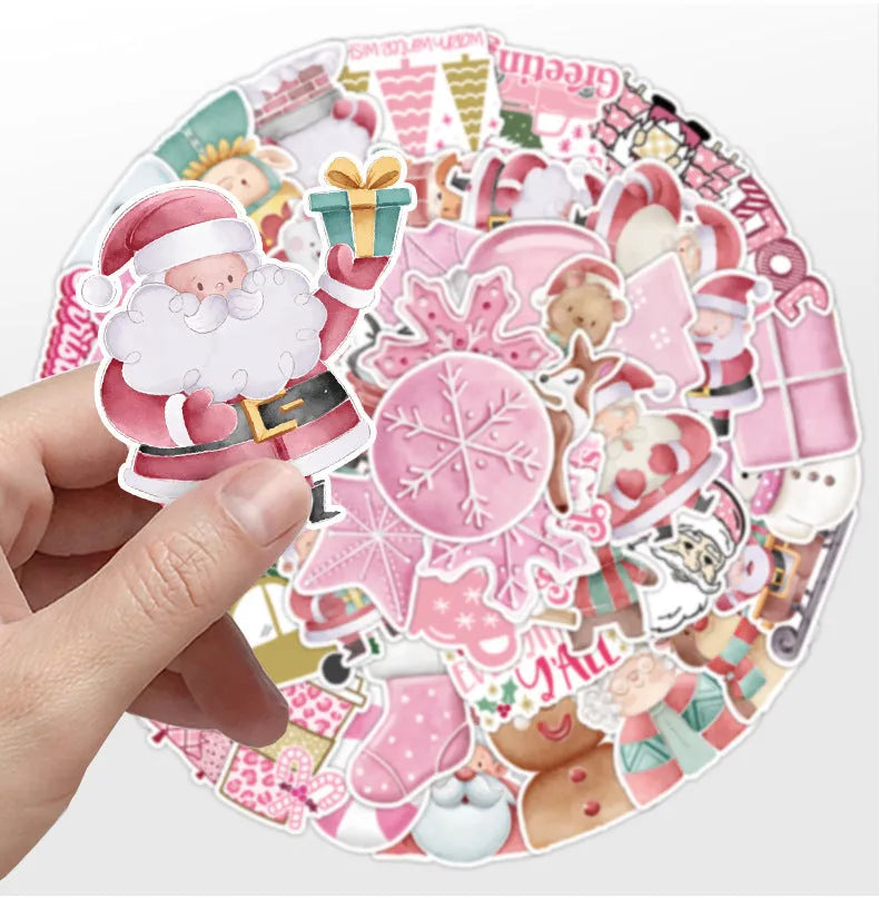 Assortment of 50 cute Christmas-themed waterproof stickers ranging from 4cm to 8cm in size.