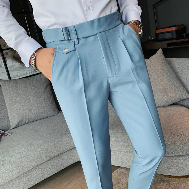 Straight leg casual trousers in polyester fabric showing multiple colour options and sizing from 29 to 36