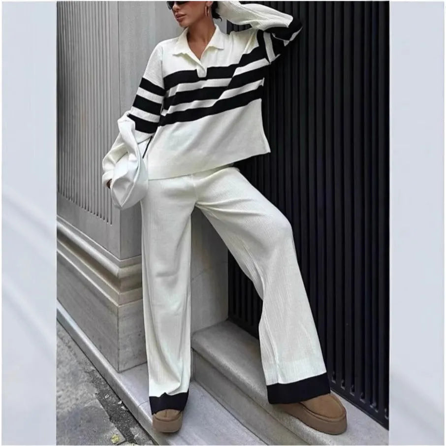Women's black and white striped knitted polo shirt and trousers two-piece set