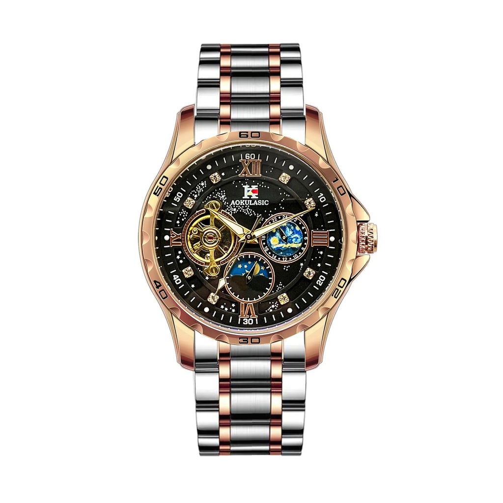 Men's automatic mechanical watch with rose gold casing, black dial, and large display