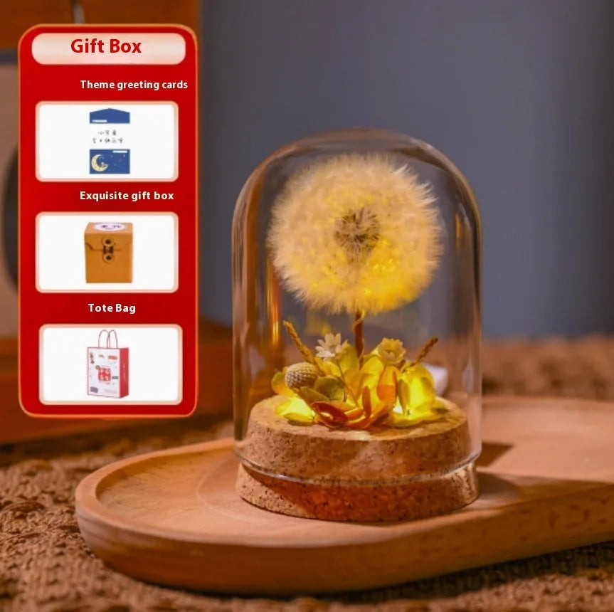 Glass dandelion-shaped night light ornament with gradient colour options on display surface