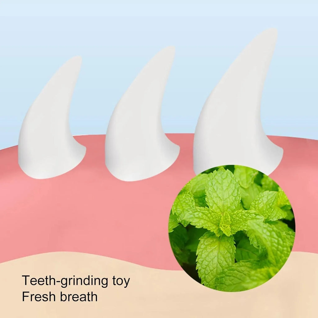 Blue carrot-shaped catnip ball with self-adhesive backing for wall mounting to clean cat teeth