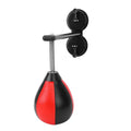 Pear-shaped inflatable boxing ball with red and black colour scheme mounted via double suction cups