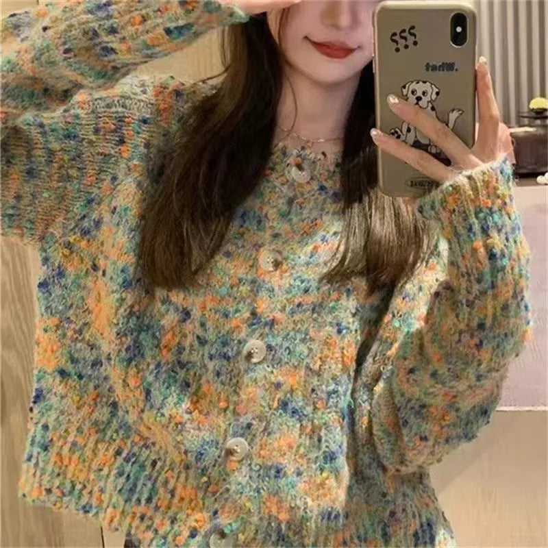 Retro style knitted rainbow cardigan in pink or green with free size slim fit