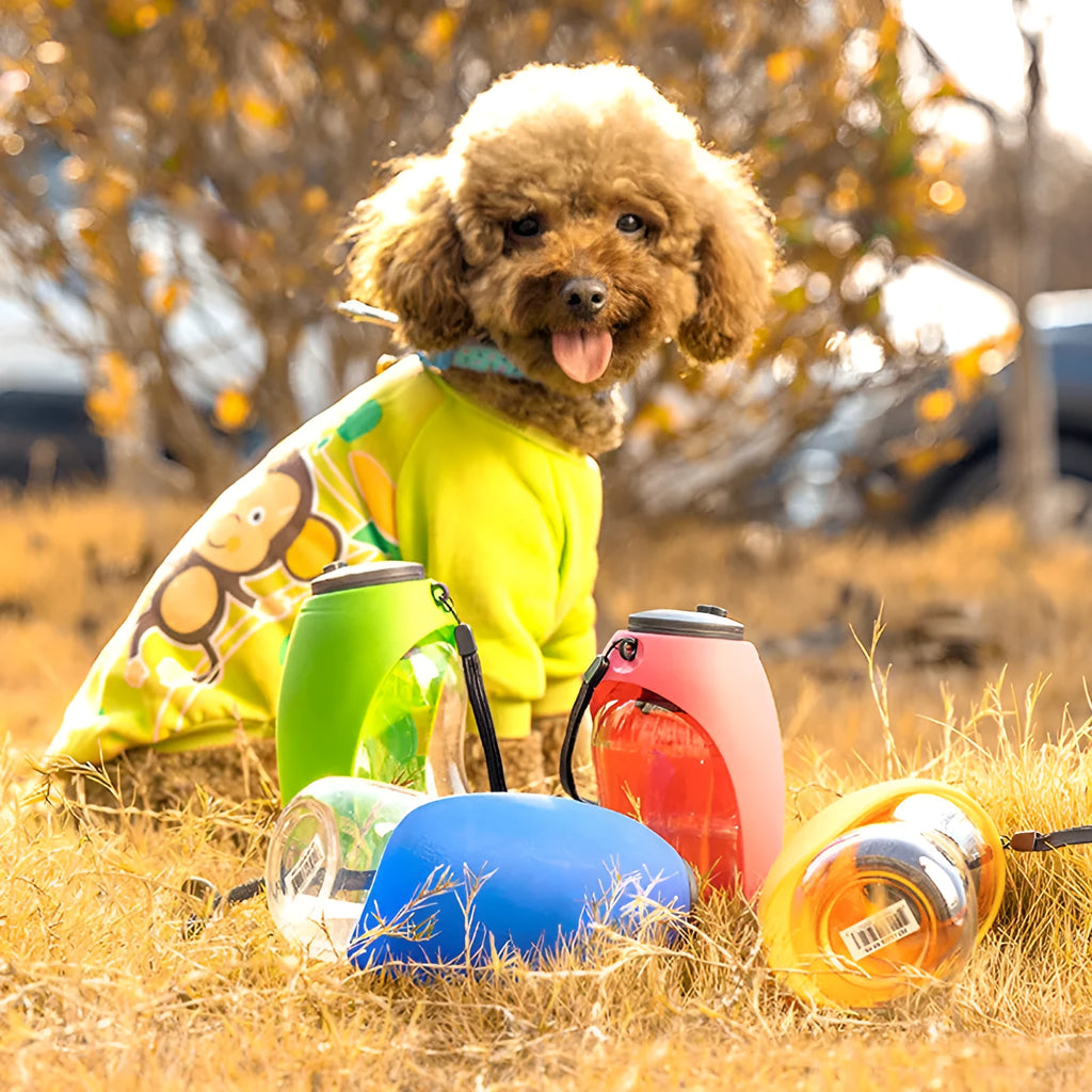 Sky blue portable pet water bottle with drinking sink and key-lock, showing 680ml capacity.