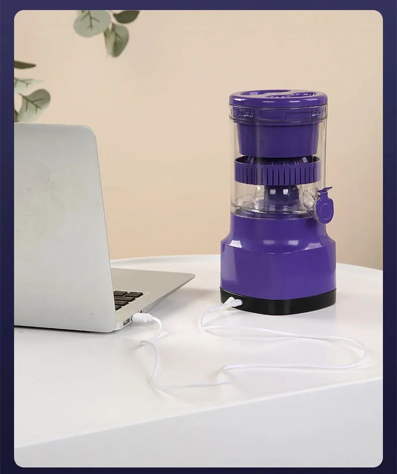 Purple USB rechargeable electric citrus juicer with cone and pulp filter, 2400mAh dual battery, 400ml capacity