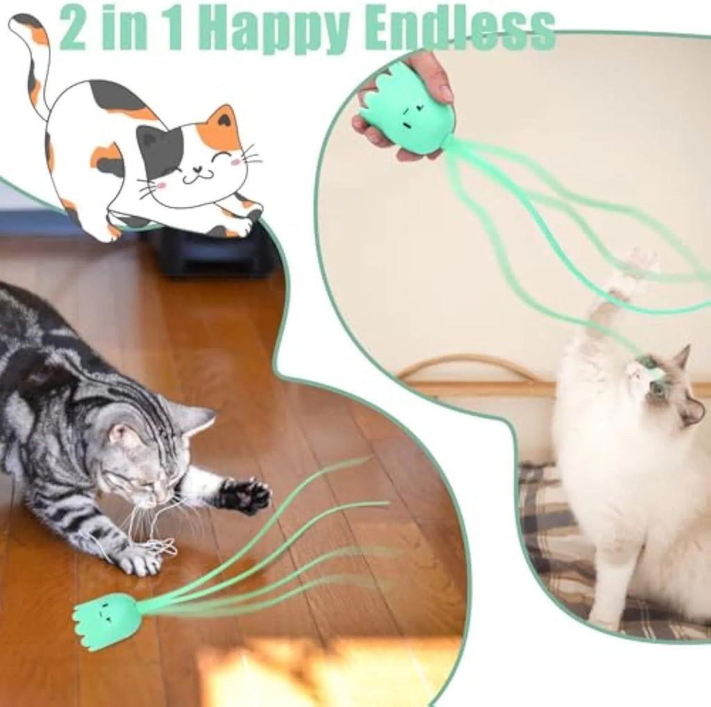 Green automatic cat wand toy with silicone tails swinging, placed on wooden floor