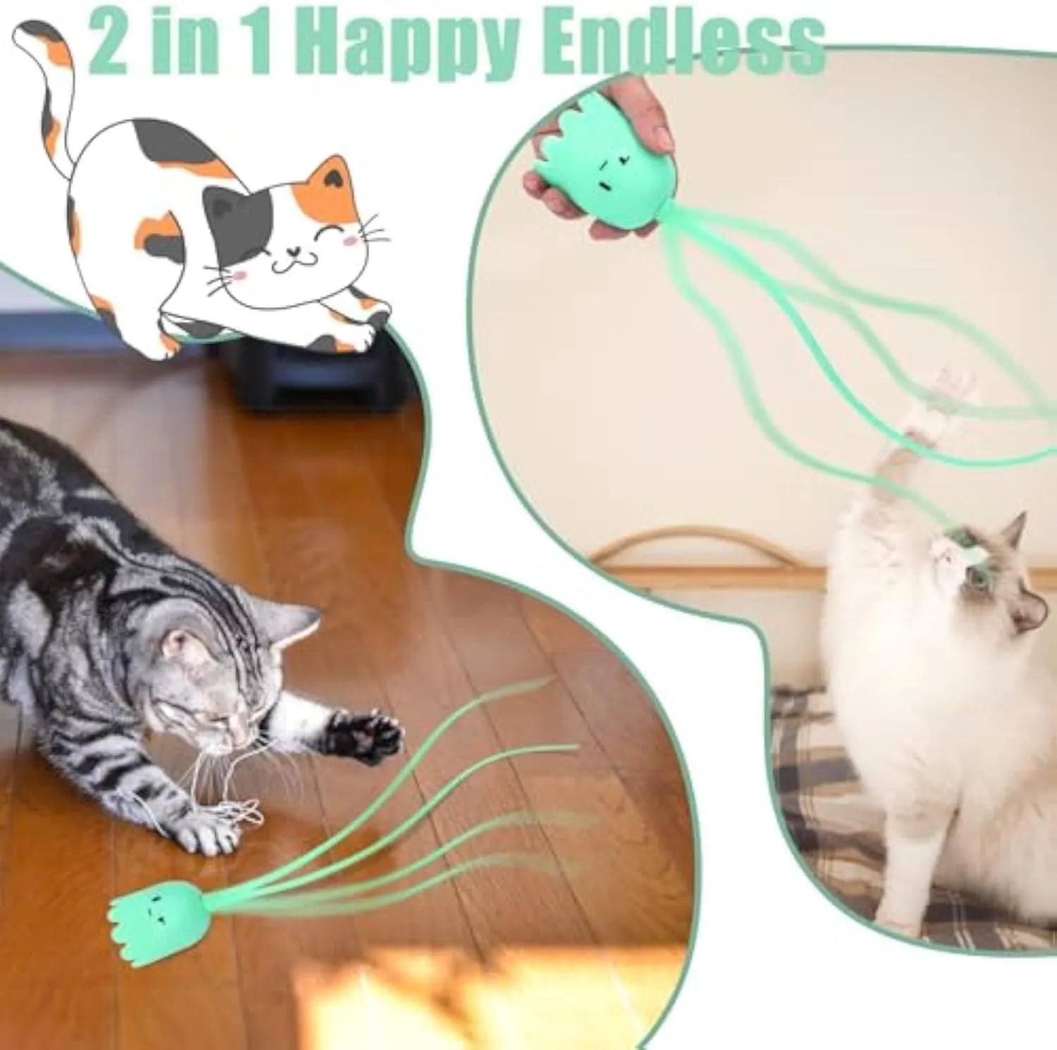 Green automatic cat wand toy with silicone tails swinging, placed on wooden floor