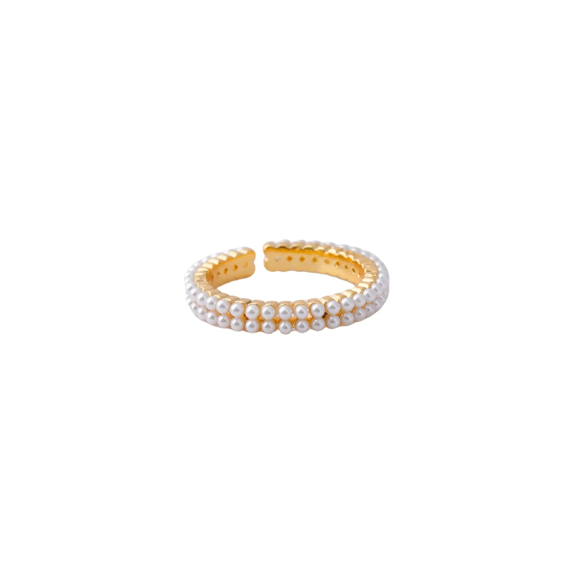 Geometric gold open mouth women's ring with round elements on female hand
