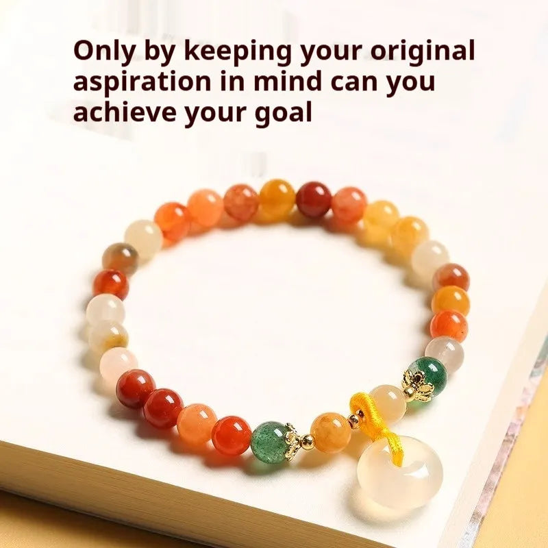 Natural Jinsi Jade safety buckle bracelet with emerald and red agate beads in Chinese-style handmade design