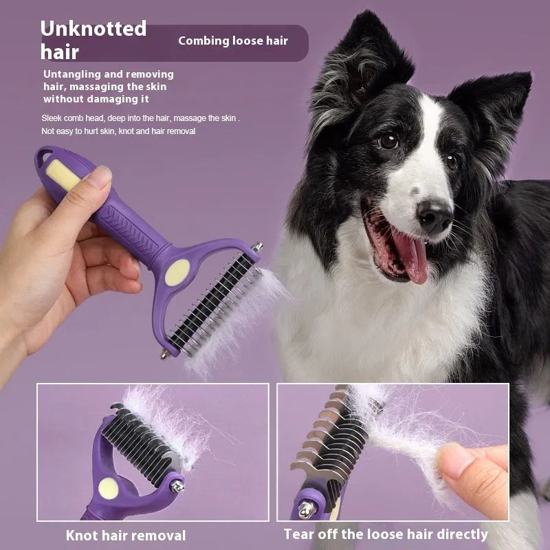 Purple double-sided plastic comb for removing knots from cat and dog fur during grooming