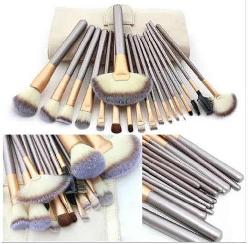 Persian make-up brush set with rice white bristles and champagne colour metal handles, showing 12 brushes.