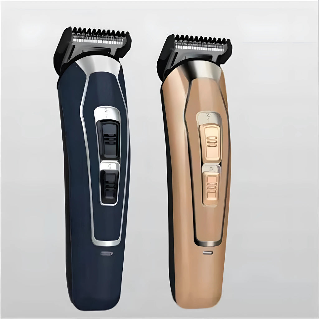 Dark blue rechargeable electric hair clipper with stainless steel blades on a plain background.
