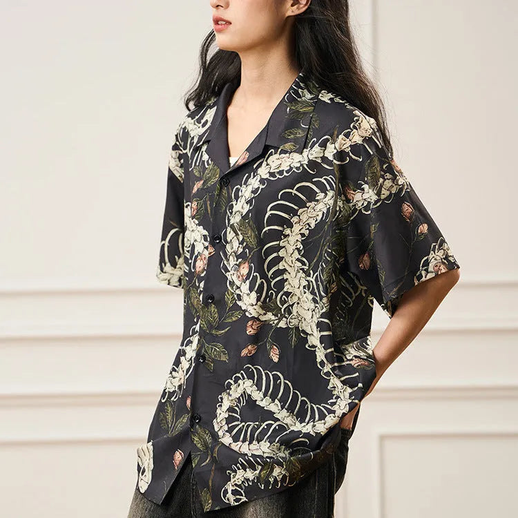 Short sleeve Cuban collar shirt with snake bone and flower pattern print in loose fit cardigan style
