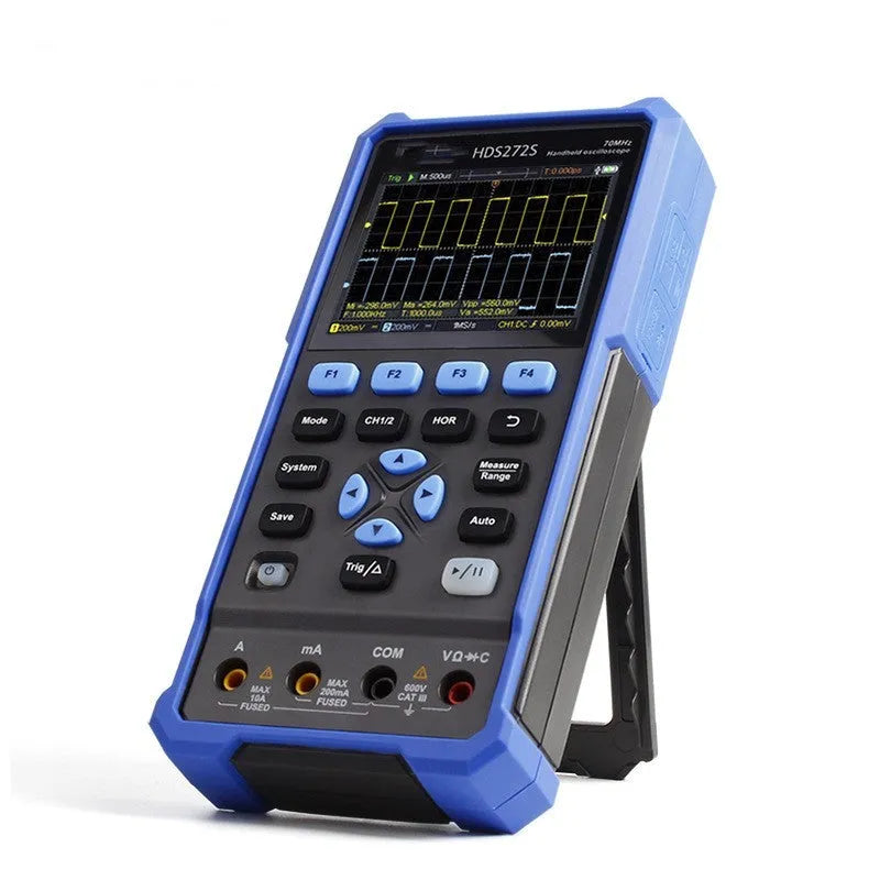 Owon HDS272 handheld digital oscilloscope with screen, probes, and accessories on a grey background.