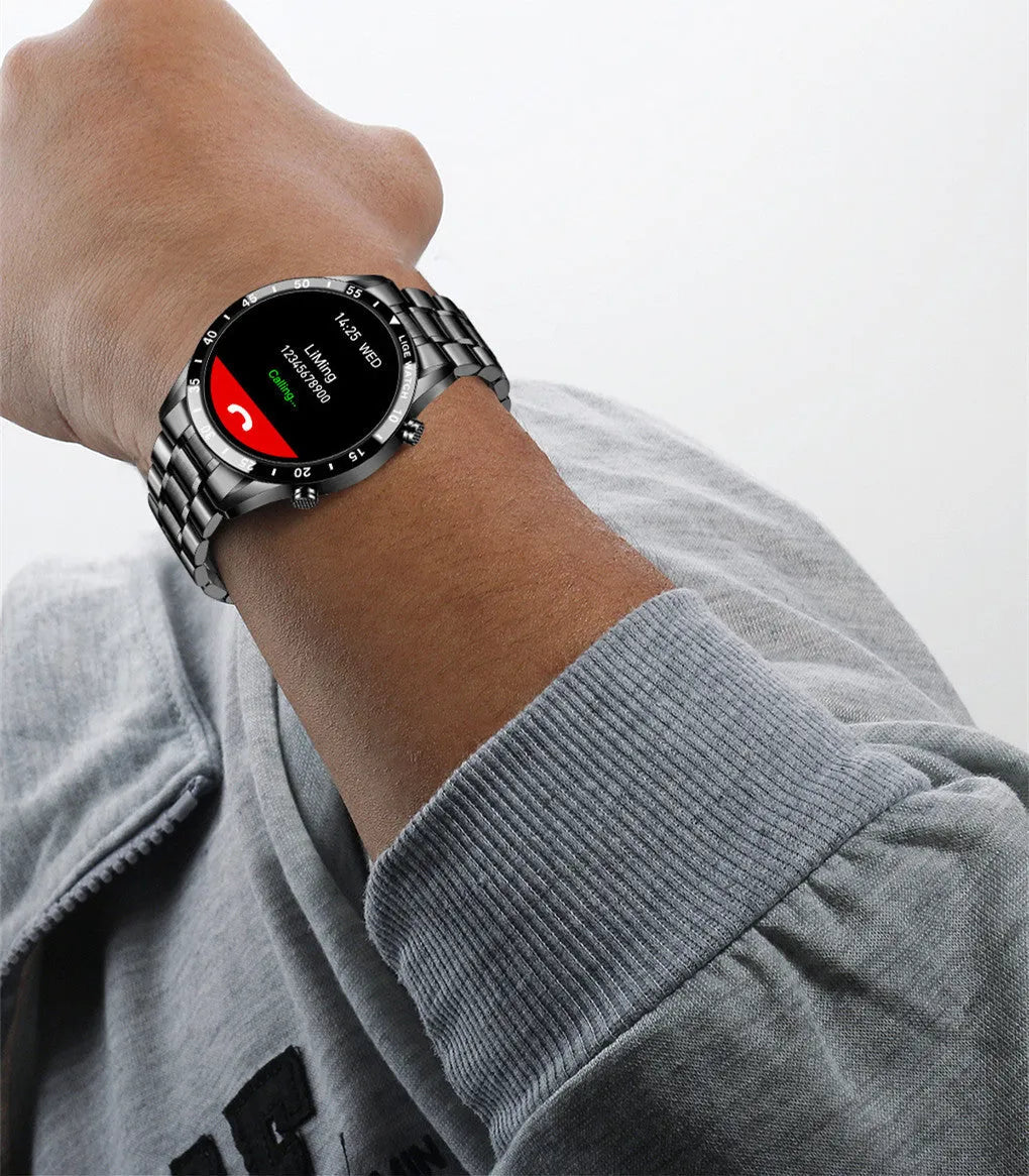Smart watch with stainless steel wristband and 1.3-inch touch screen display