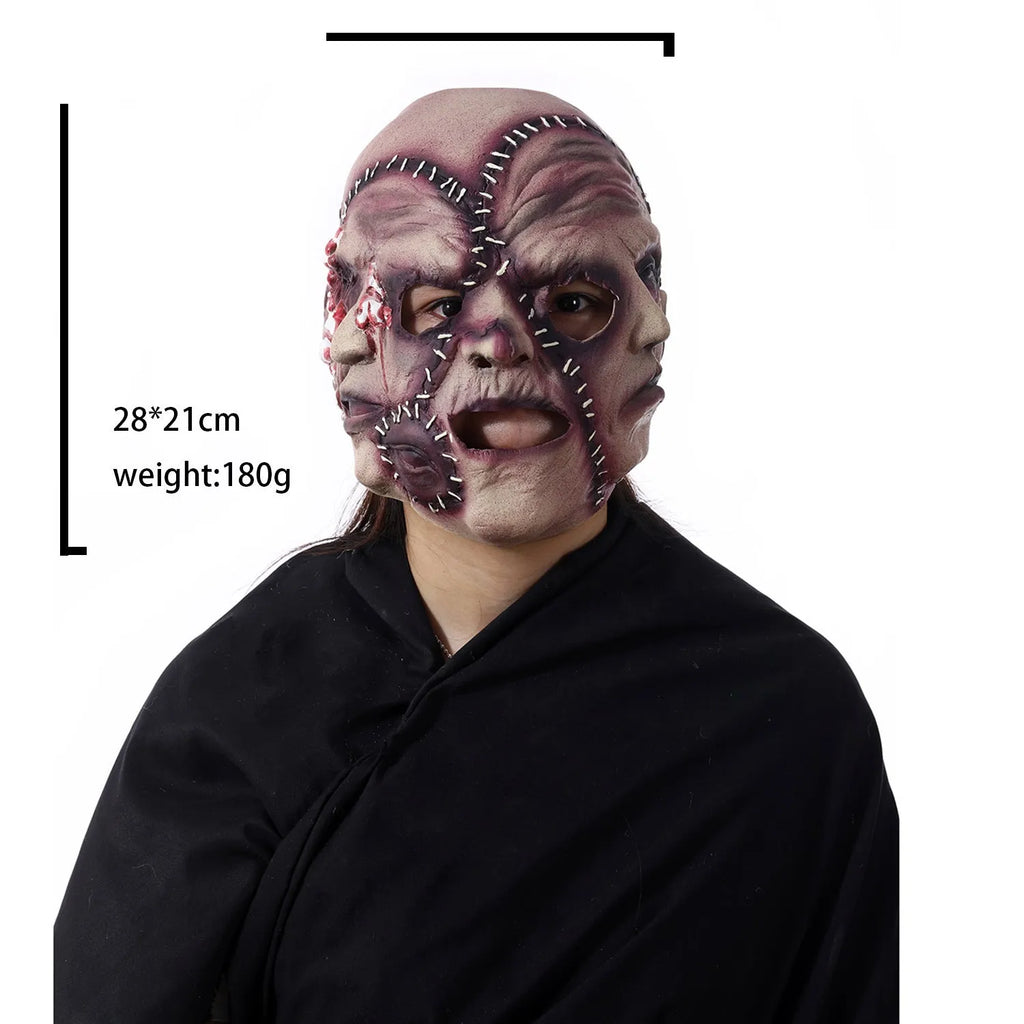 Three-sided grimace horror mask showing latex texture and comprehensive facial coverage for Halloween costumes