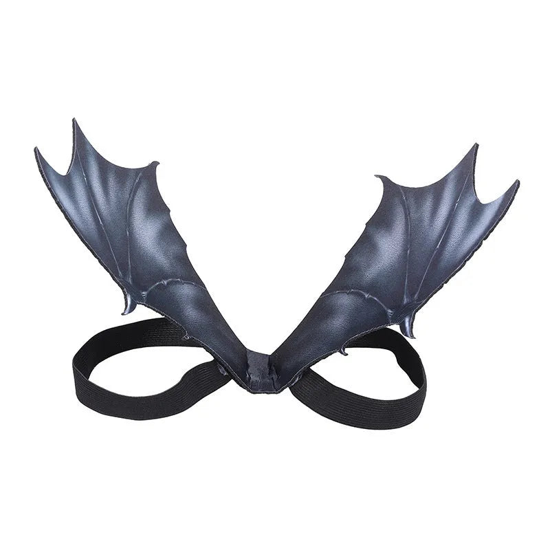 Black cloth bat wings for pets showing small, medium, and large size options