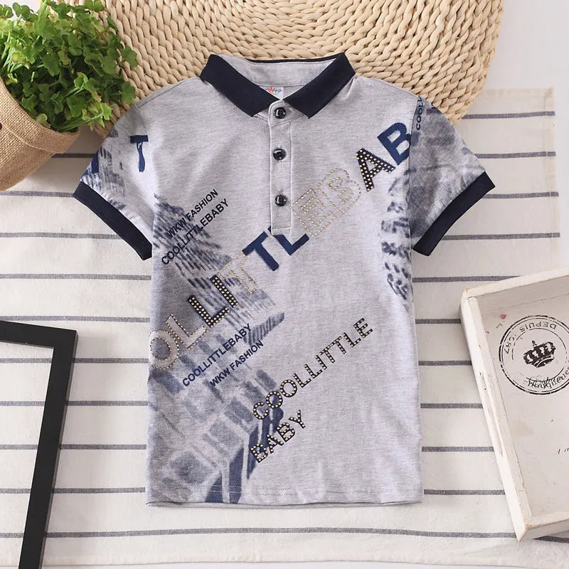 Boys' red cotton short sleeve t-shirt with a lapel collar on a hanger.