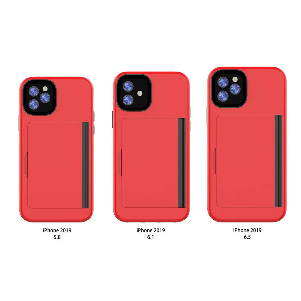Simple solid colour TPU and PC back cover case for iPhone 11 models in black, red, pink, blue, dark blue, and purple.