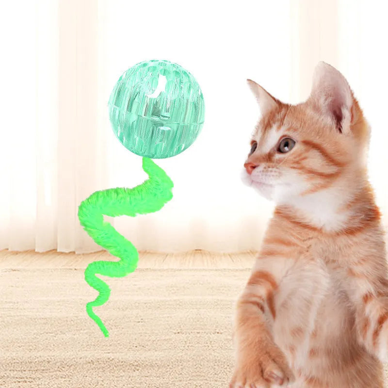Interactive bouncy ball cat toy with elastic tail in TPR and plush materials