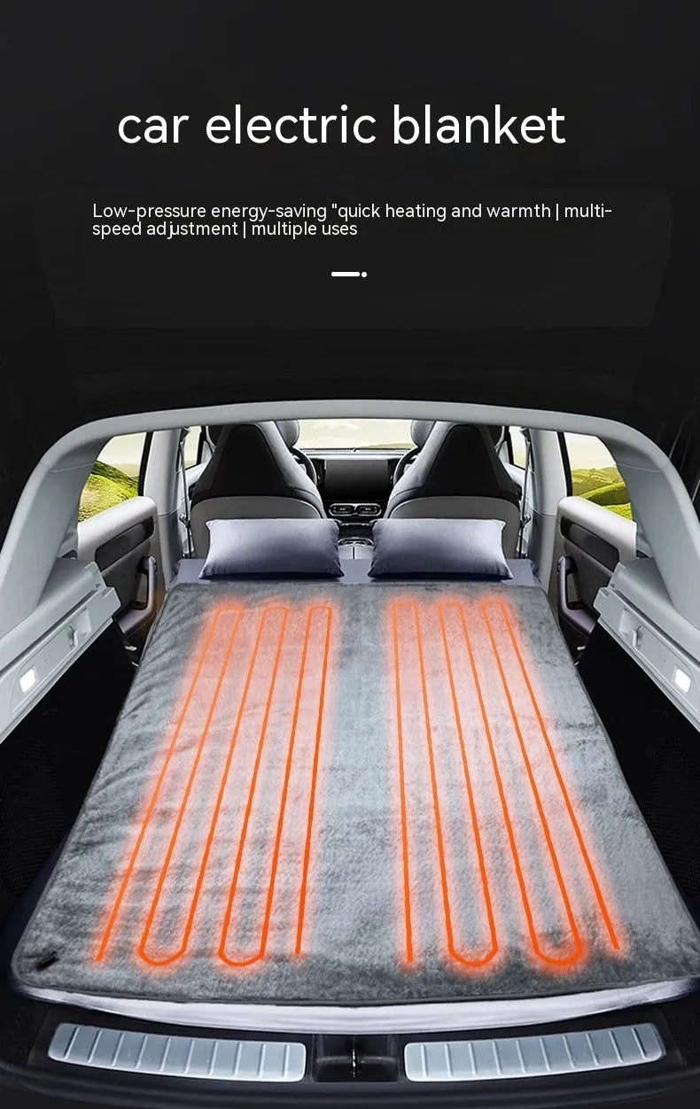 Grey 12V car electric blanket with cigarette lighter plug, shown in single and double sizes for driver and passenger warmth.