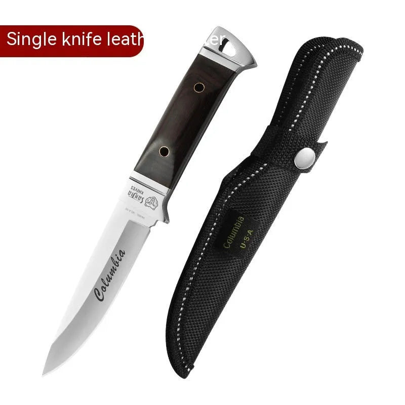 Camping portable fruit knife with stainless steel blade in a national style leather case.