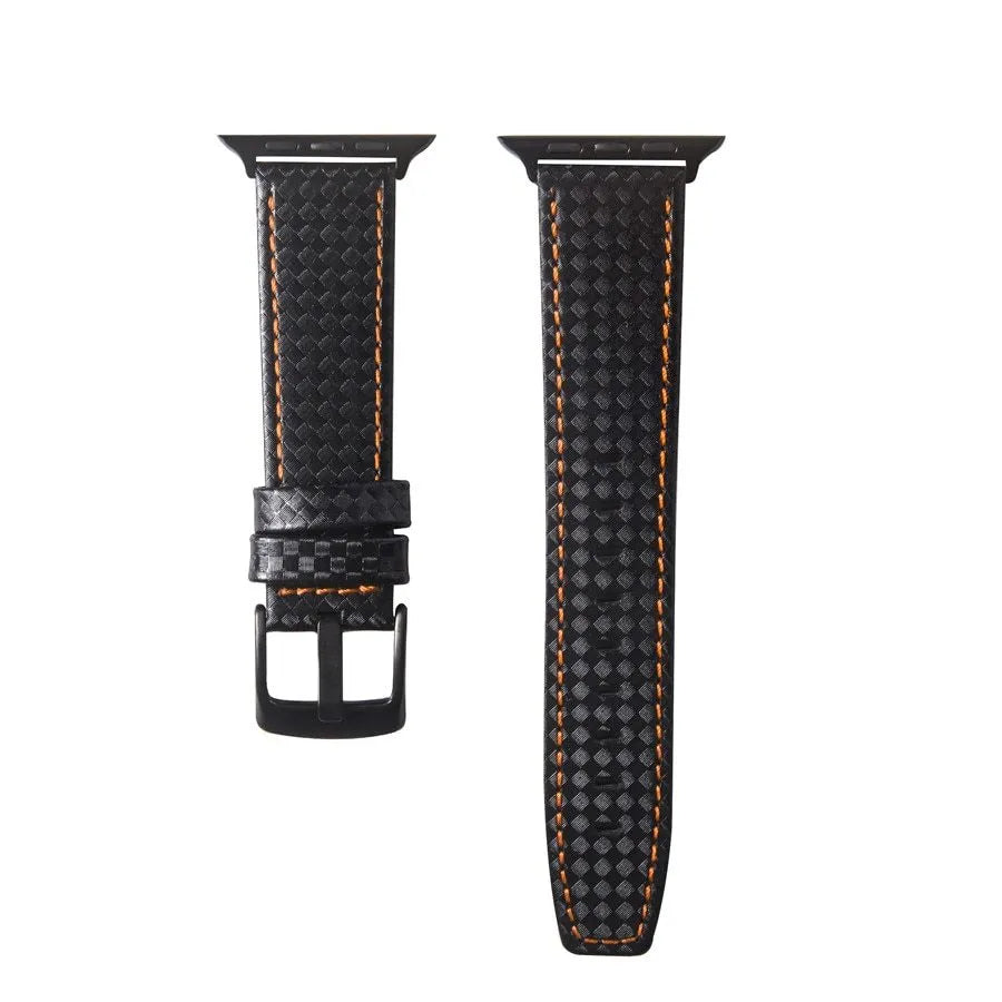 Leather Apple Watch strap with carbon fibre pattern in black, blue, orange, or red colours for 38mm 40mm or 42mm 44mm cases.
