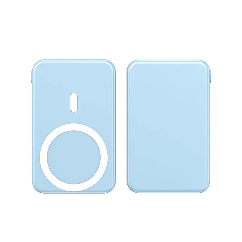 Magnetic wireless charging power bank with folding bracket in various colour options showing dimensions